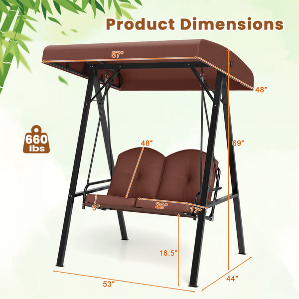 Adjustable canopy offers protection against sunlight<br>Wide sitting area is perfect for 2 people to relax together<br>Soft and elastic cushions offer much comfort<br>Tufted design of back cushions for more elegance<br>Solid A-shaped metal frame for high 