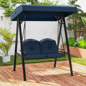 Adjustable canopy offers protection against sunlight<br>Wide sitting area is perfect for 2 people to relax together<br>Soft and elastic cushions offer much comfort<br>Tufted design of back cushions for more elegance<br>Solid A-shaped metal frame for high 
