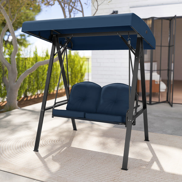 Adjustable canopy offers protection against sunlight<br>Wide sitting area is perfect for 2 people to relax together<br>Soft and elastic cushions offer much comfort<br>Tufted design of back cushions for more elegance<br>Solid A-shaped metal frame for high 