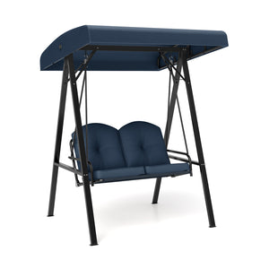 Adjustable canopy offers protection against sunlight<br>Wide sitting area is perfect for 2 people to relax together<br>Soft and elastic cushions offer much comfort<br>Tufted design of back cushions for more elegance<br>Solid A-shaped metal frame for high 