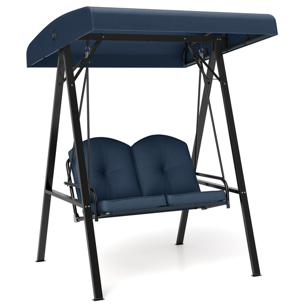 Adjustable canopy offers protection against sunlight<br>Wide sitting area is perfect for 2 people to relax together<br>Soft and elastic cushions offer much comfort<br>Tufted design of back cushions for more elegance<br>Solid A-shaped metal frame for high 