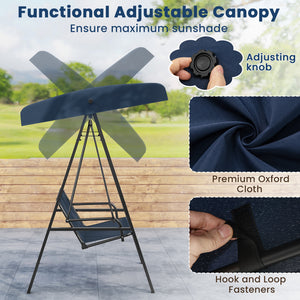Adjustable canopy offers protection against sunlight<br>Wide sitting area is perfect for 2 people to relax together<br>Soft and elastic cushions offer much comfort<br>Tufted design of back cushions for more elegance<br>Solid A-shaped metal frame for high 