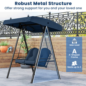 Adjustable canopy offers protection against sunlight<br>Wide sitting area is perfect for 2 people to relax together<br>Soft and elastic cushions offer much comfort<br>Tufted design of back cushions for more elegance<br>Solid A-shaped metal frame for high 