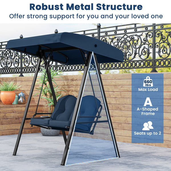 Adjustable canopy offers protection against sunlight<br>Wide sitting area is perfect for 2 people to relax together<br>Soft and elastic cushions offer much comfort<br>Tufted design of back cushions for more elegance<br>Solid A-shaped metal frame for high 