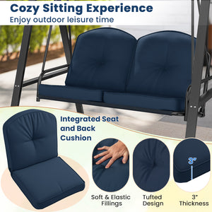 Adjustable canopy offers protection against sunlight<br>Wide sitting area is perfect for 2 people to relax together<br>Soft and elastic cushions offer much comfort<br>Tufted design of back cushions for more elegance<br>Solid A-shaped metal frame for high 