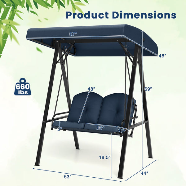 Adjustable canopy offers protection against sunlight<br>Wide sitting area is perfect for 2 people to relax together<br>Soft and elastic cushions offer much comfort<br>Tufted design of back cushions for more elegance<br>Solid A-shaped metal frame for high 
