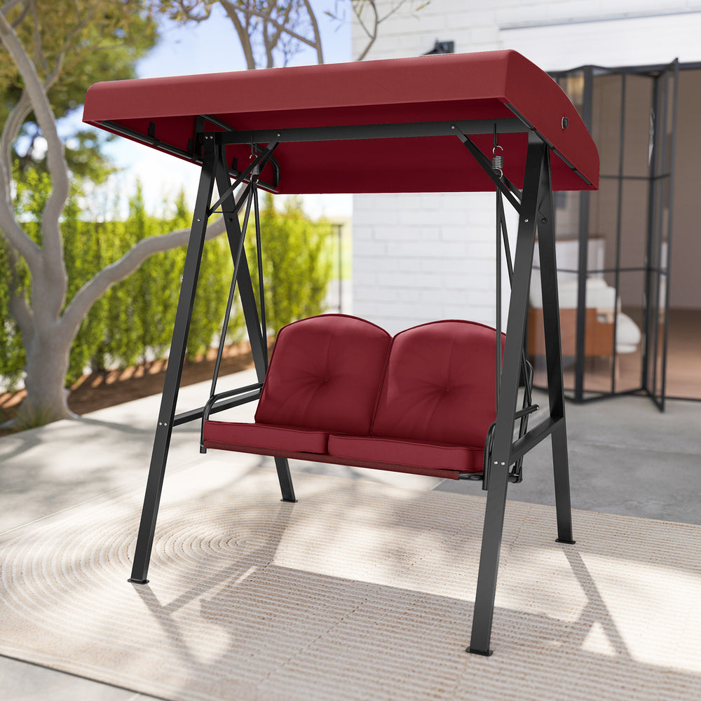 Adjustable canopy offers protection against sunlight<br>Wide sitting area is perfect for 2 people to relax together<br>Soft and elastic cushions offer much comfort<br>Tufted design of back cushions for more elegance<br>Solid A-shaped metal frame for high 