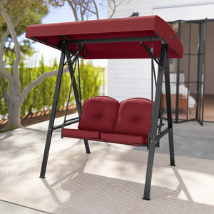 Adjustable canopy offers protection against sunlight<br>Wide sitting area is perfect for 2 people to relax together<br>Soft and elastic cushions offer much comfort<br>Tufted design of back cushions for more elegance<br>Solid A-shaped metal frame for high 