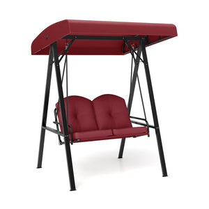 Adjustable canopy offers protection against sunlight<br>Wide sitting area is perfect for 2 people to relax together<br>Soft and elastic cushions offer much comfort<br>Tufted design of back cushions for more elegance<br>Solid A-shaped metal frame for high 