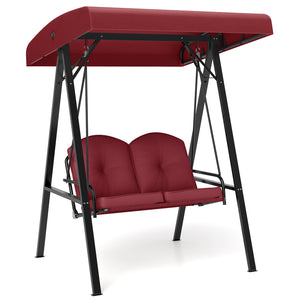 Adjustable canopy offers protection against sunlight<br>Wide sitting area is perfect for 2 people to relax together<br>Soft and elastic cushions offer much comfort<br>Tufted design of back cushions for more elegance<br>Solid A-shaped metal frame for high 