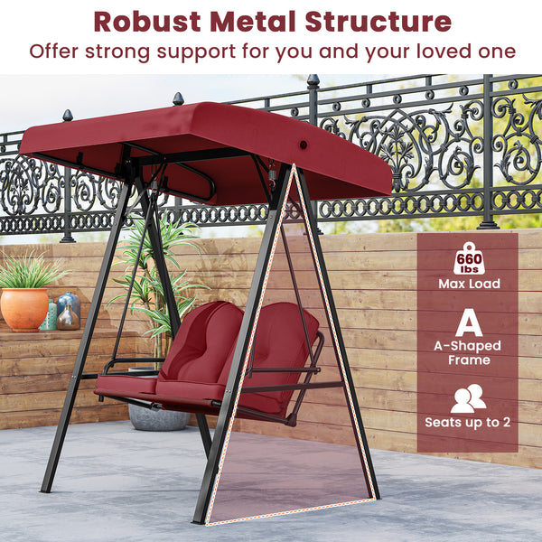 Adjustable canopy offers protection against sunlight<br>Wide sitting area is perfect for 2 people to relax together<br>Soft and elastic cushions offer much comfort<br>Tufted design of back cushions for more elegance<br>Solid A-shaped metal frame for high 