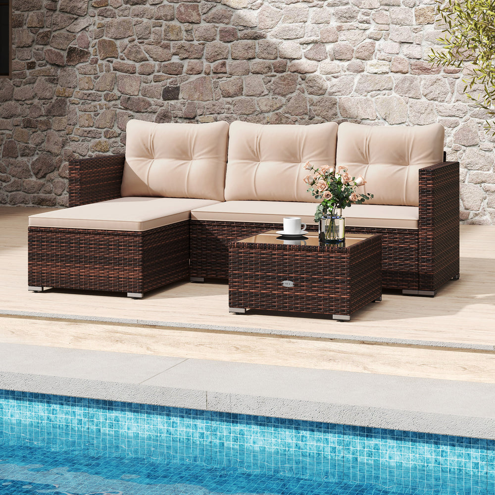 Made of premium hand-woven rattan for long-lasting elegance<br>Soft seat and back cushions make you more comfortable<br>Comfortable armrests for better relaxation<br>Zipped design makes the seat cushion cover easy to maintain<br>Coffee table with tempered