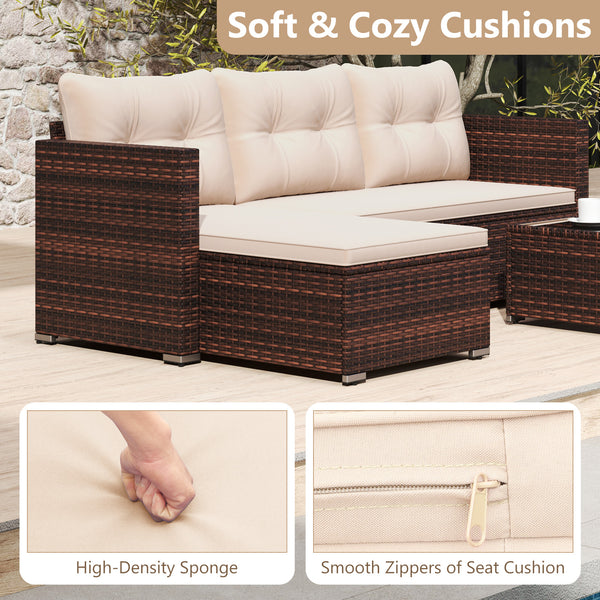 Made of premium hand-woven rattan for long-lasting elegance<br>Soft seat and back cushions make you more comfortable<br>Comfortable armrests for better relaxation<br>Zipped design makes the seat cushion cover easy to maintain<br>Coffee table with tempered