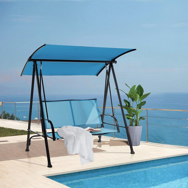 Premium fabric seat sits up to 2 persons and holds up to 600 lbs/270 kg<br>Flexibly adjustable canopy for enjoyment of coolness<br>Rustproof metal frame ensures overall steadiness<br>Curved armrests and high back for additional comfort<br>Triangular struc