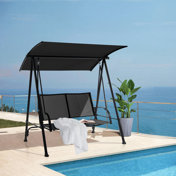 Premium fabric seat sits up to 2 persons and holds up to 600 lbs/270 kg<br>Flexibly adjustable canopy for enjoyment of coolness<br>Rustproof metal frame ensures overall steadiness<br>Curved armrests and high back for additional comfort<br>Triangular struc