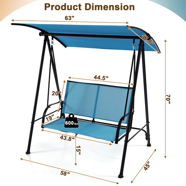 Premium fabric seat sits up to 2 persons and holds up to 600 lbs/270 kg<br>Flexibly adjustable canopy for enjoyment of coolness<br>Rustproof metal frame ensures overall steadiness<br>Curved armrests and high back for additional comfort<br>Triangular struc