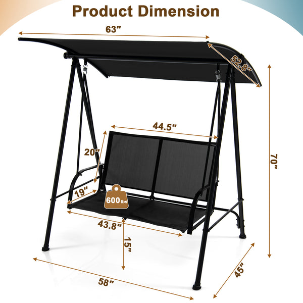Premium fabric seat sits up to 2 persons and holds up to 600 lbs/270 kg<br>Flexibly adjustable canopy for enjoyment of coolness<br>Rustproof metal frame ensures overall steadiness<br>Curved armrests and high back for additional comfort<br>Triangular struc