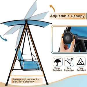Premium fabric seat sits up to 2 persons and holds up to 600 lbs/270 kg<br>Flexibly adjustable canopy for enjoyment of coolness<br>Rustproof metal frame ensures overall steadiness<br>Curved armrests and high back for additional comfort<br>Triangular struc
