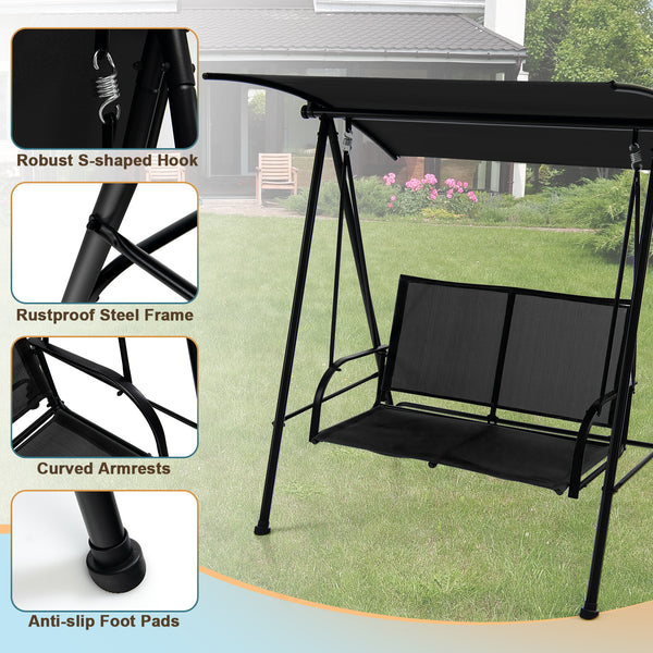 Premium fabric seat sits up to 2 persons and holds up to 600 lbs/270 kg<br>Flexibly adjustable canopy for enjoyment of coolness<br>Rustproof metal frame ensures overall steadiness<br>Curved armrests and high back for additional comfort<br>Triangular struc