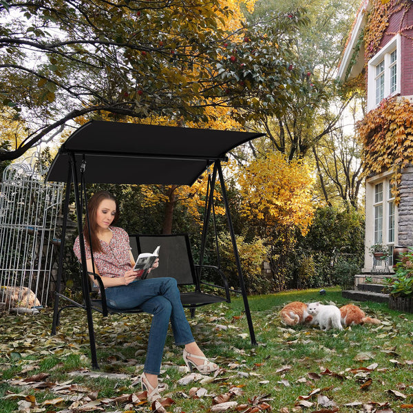 Premium fabric seat sits up to 2 persons and holds up to 600 lbs/270 kg<br>Flexibly adjustable canopy for enjoyment of coolness<br>Rustproof metal frame ensures overall steadiness<br>Curved armrests and high back for additional comfort<br>Triangular struc
