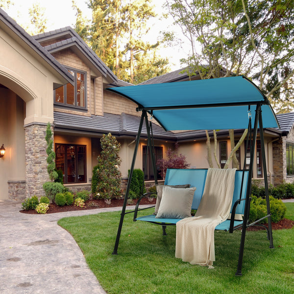 Premium fabric seat sits up to 2 persons and holds up to 600 lbs/270 kg<br>Flexibly adjustable canopy for enjoyment of coolness<br>Rustproof metal frame ensures overall steadiness<br>Curved armrests and high back for additional comfort<br>Triangular struc