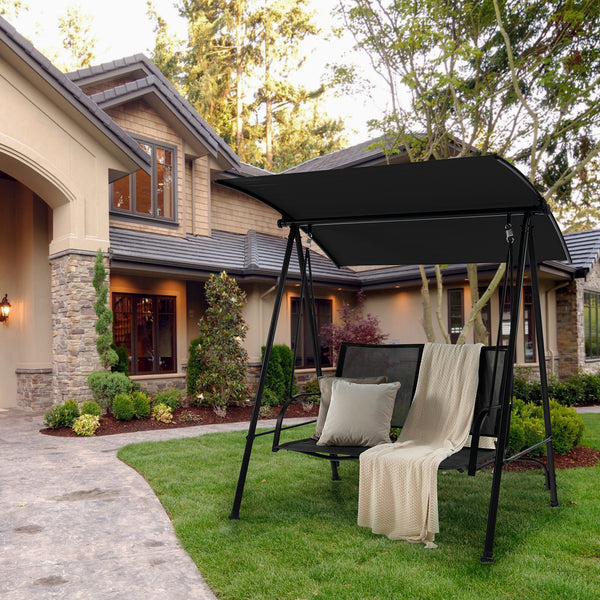 Premium fabric seat sits up to 2 persons and holds up to 600 lbs/270 kg<br>Flexibly adjustable canopy for enjoyment of coolness<br>Rustproof metal frame ensures overall steadiness<br>Curved armrests and high back for additional comfort<br>Triangular struc