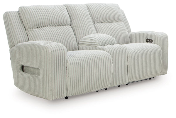 Trend-right style, meet irresistible modern function. Your living room gets a cozy-cool upgrade with the TwinBrooke power reclining loveseat. Curl up in its ultra-chic corded upholstery and recline with one-touch controls. Is it movie night or game time? 