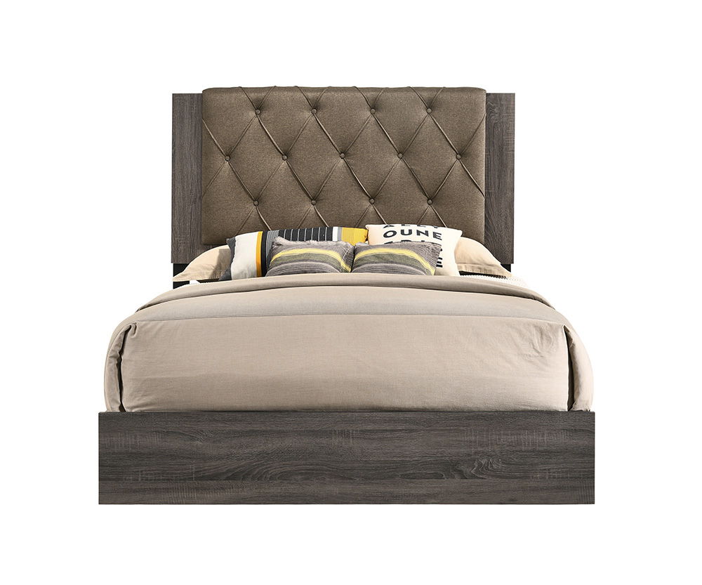 This transitional bed provides the perfect balance of comfort and style. Diamond button tufted upholstered headboard. Wooden rustic gray oak finish veneer frame, tapered wood legs, and base trim in black finish. The Avantika collection its complemented by