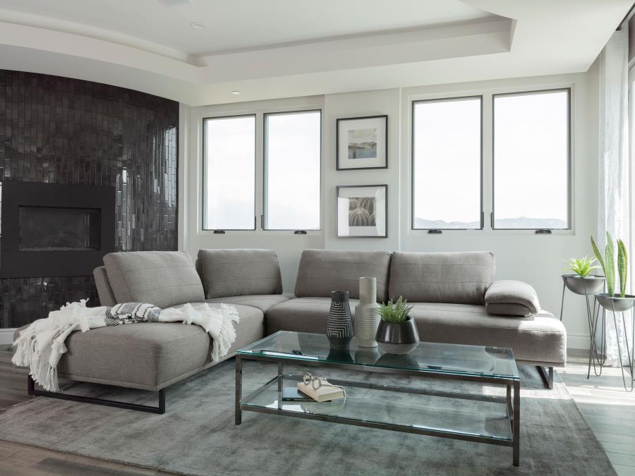Add modern stylishness to your space with this magnificent contemporary sectional sofa. It is exceptionally upholstered in an elegant taupe woven fabric that-'s soft to the touch. The powder coated black base features U-frame legs for sturdiness. One end 