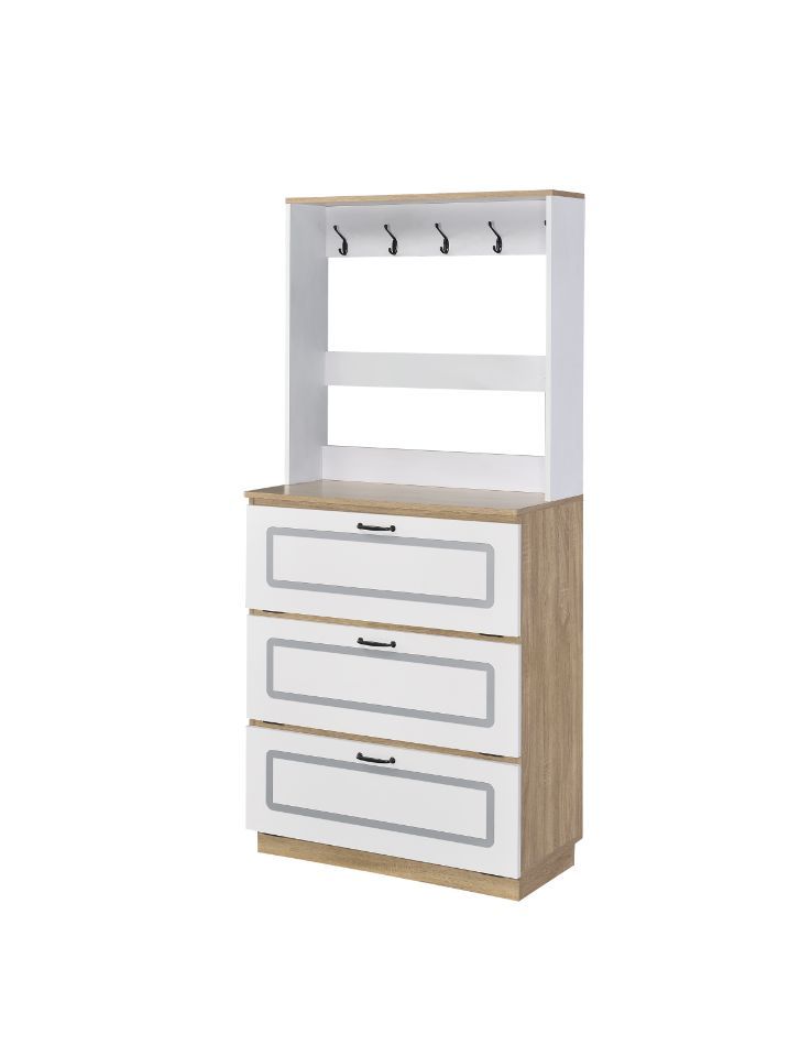 Light oak and white finish complement each other, bringing this piece a calming, breezy look. This shoe cabinet features warm wooden accents paired with rich metal hardwere. The cabinet has three drop down drawer that reveal more reachable storages for a 