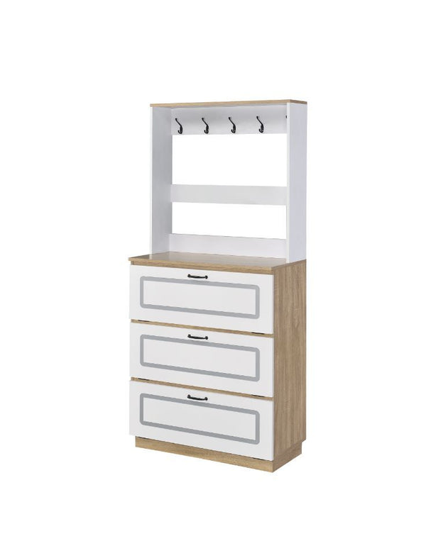 Light oak and white finish complement each other, bringing this piece a calming, breezy look. This shoe cabinet features warm wooden accents paired with rich metal hardwere. The cabinet has three drop down drawer that reveal more reachable storages for a 