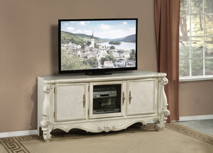 The Versailles the TV Stand was inspired by old European design. This collection features carved scrollwork accent on legs and trim base. Carefully crafted with selected wood and veneers in bone white finish with hand brush accents. Offers plenty of space