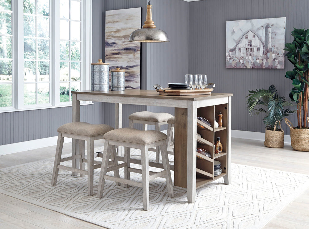Made with Acacia veneers and select rubberwood solids, in a grayish white finish with rub through effect for a time worn appearance. Top is finished in a medium toned brown color with a planked effect with saw kerf distressing. Chair has a classic casual 