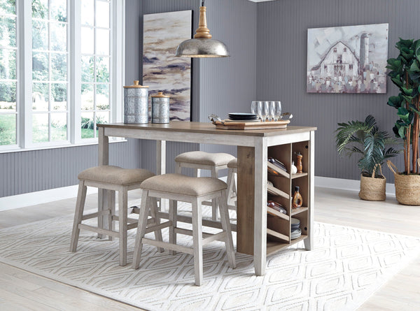 Made with Acacia veneers and select rubberwood solids, in a grayish white finish with rub through effect for a time worn appearance. Top is finished in a medium toned brown color with a planked effect with saw kerf distressing. Chair has a classic casual 