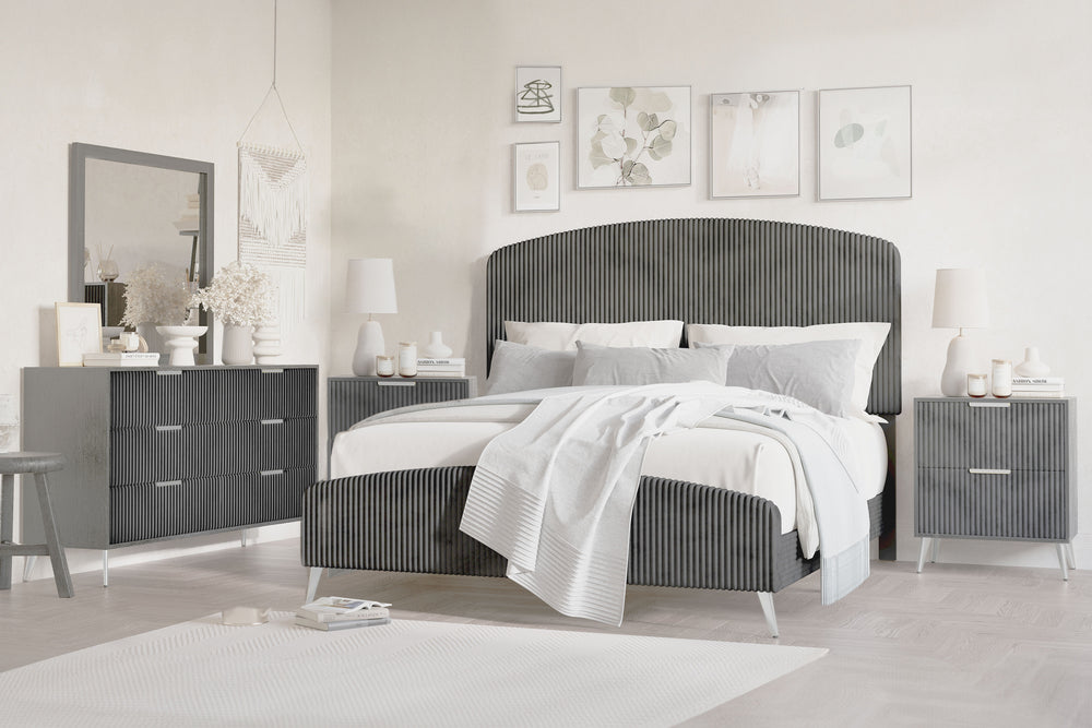 The Kailani 5 Piece Bedroom Set in Gray brings together modern design, luxurious comfort, and practical functionality, making it a perfect choice for transforming your bedroom into a chic and serene retreat. This set includes an upholstered panel bed, a d