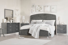 The Kailani 5 Piece Bedroom Set in Gray brings together modern design, luxurious comfort, and practical functionality, making it a perfect choice for transforming your bedroom into a chic and serene retreat. This set includes an upholstered panel bed, a d