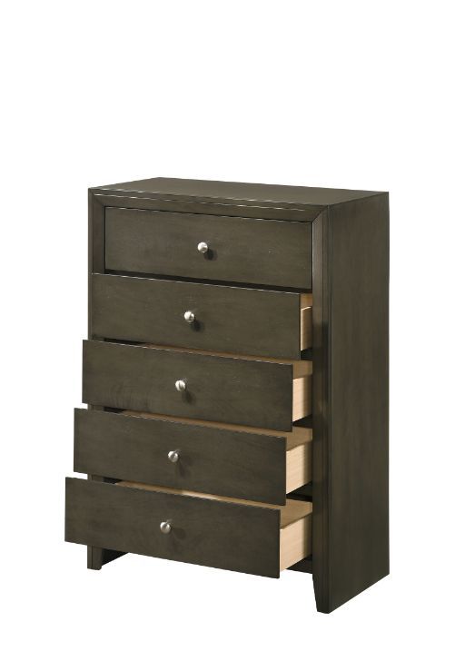 The Ilana contemporary bedroom set is expertly crafted with hand selected woods and veneers in a calming gray finish, featuring a modern slatted headboard design, low profile footboard and wooden tapered legs. With all matching case goods, this bedroom gr