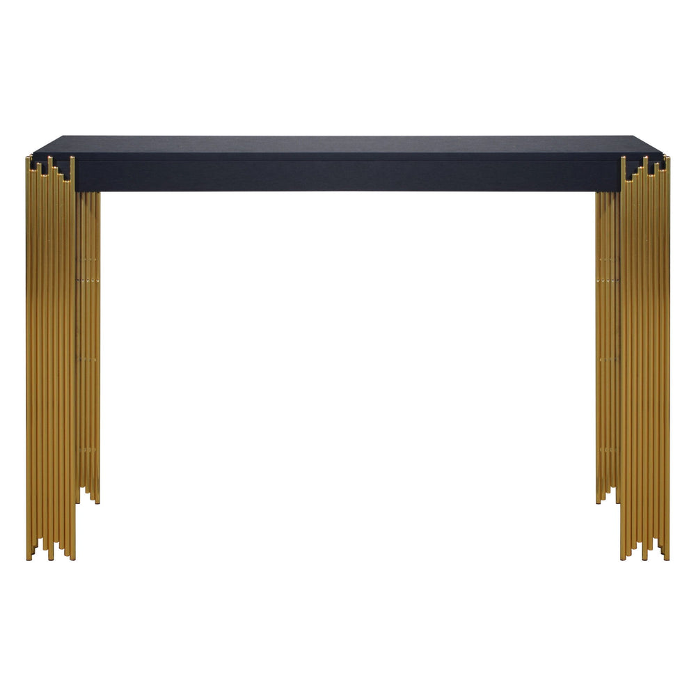 The EMPIRE Console Table in sleek black is a stylish and durable addition to your living space. Crafted with eco-friendly manufactured woods and decorative laminate, this table ensures lasting strength and durability. Its sophisticated black finish adds a