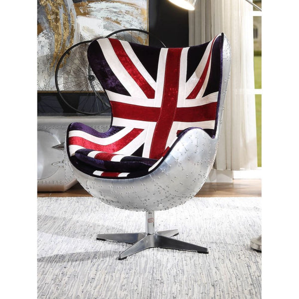 The bold, curved design and stitched detail in the England flag pattern upholstery gives the swivel accent chair a stand-out sense of style. Crafted from metal with an aluminum finish, the frame is durable and refreshingly modern. With its swivel feature,
