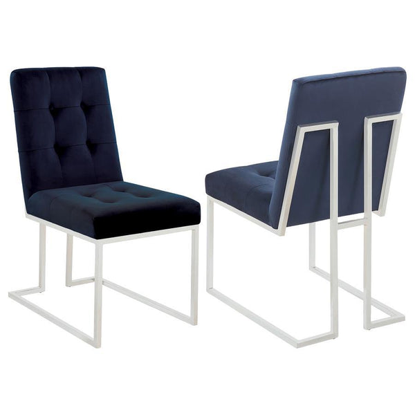 Create a stunning visual with the bold colors from this armless dining chair. Open up a dining room with sleek and metallic chrome legs. The blue cushioned back and seat is filled with button tufting for an elegant look. Bold colors and angles meet to cre