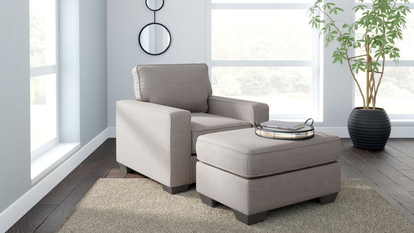 For a fresh spot in your space, turn to this designer chair and ottoman. Wind down at the end of a long day when you sink into this canyon of comfort. <h4><b>Greaves - Stone - Chair</b></h4> <table width=-"100%-"><colgroup><col style=-"width: 30%