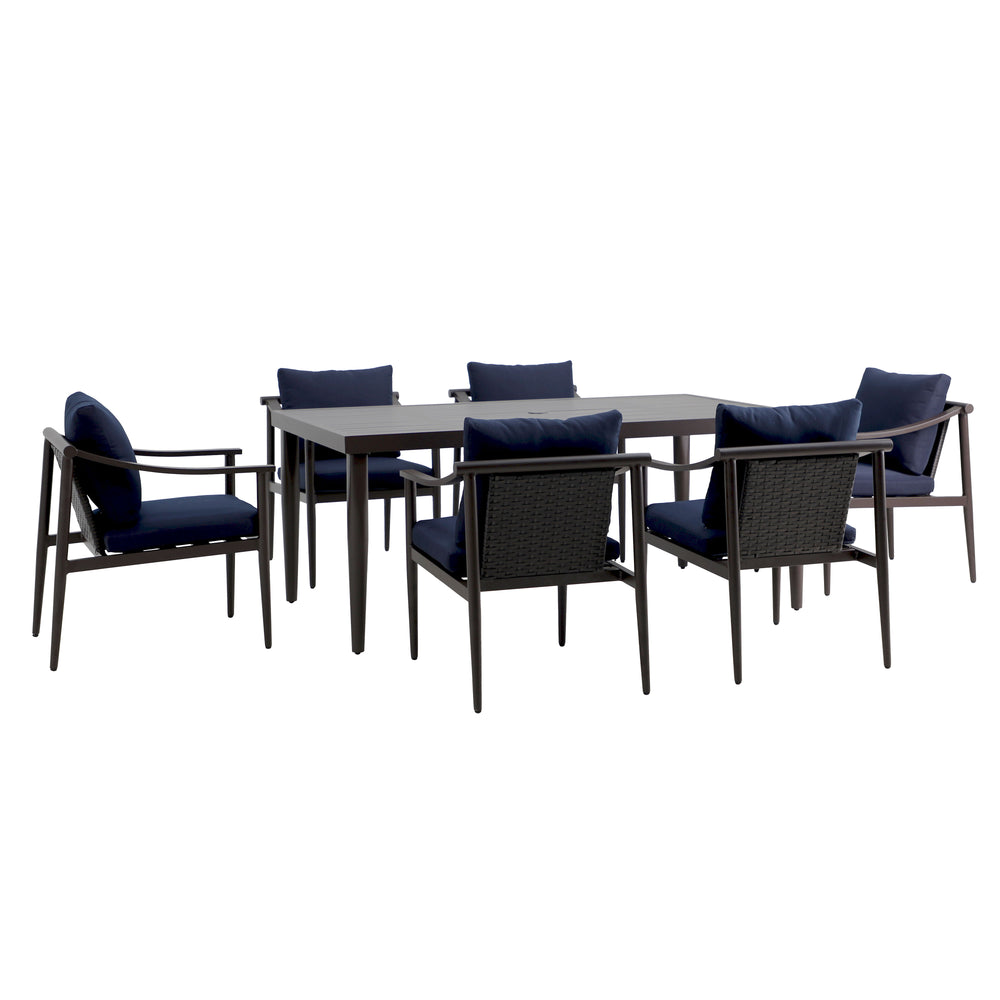 Upgrade your outdoor dining experience with the Moana 7 Piece Patio Dining Set, complete with a spacious table and six side chairs featuring comfortable blue cushions. Built with sturdy aluminum frames and a baked-on powder coat finish, this set is design