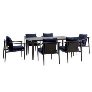  complete with a spacious table and six side chairs featuring comfortable blue cushions. Built with sturdy aluminum frames and a baked-on powder coat finish