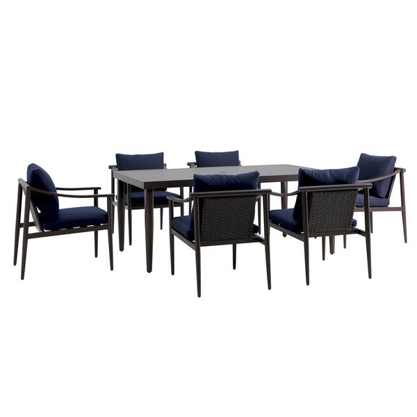  complete with a spacious table and six side chairs featuring comfortable blue cushions. Built with sturdy aluminum frames and a baked-on powder coat finish