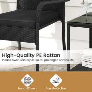 Crafted from appealing and long-lasting PE rattan<br>Comfortable to sit with ergonomic backrest and armrests<br>Soft seat cushions bring more coziness<br>Zippered cushion covers for simple maintenance<br>Side table with 2-tier design for more storage spac