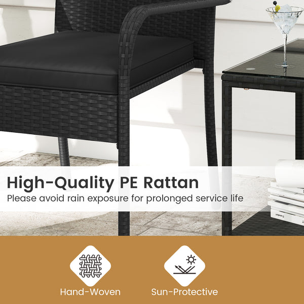 Crafted from appealing and long-lasting PE rattan<br>Comfortable to sit with ergonomic backrest and armrests<br>Soft seat cushions bring more coziness<br>Zippered cushion covers for simple maintenance<br>Side table with 2-tier design for more storage spac