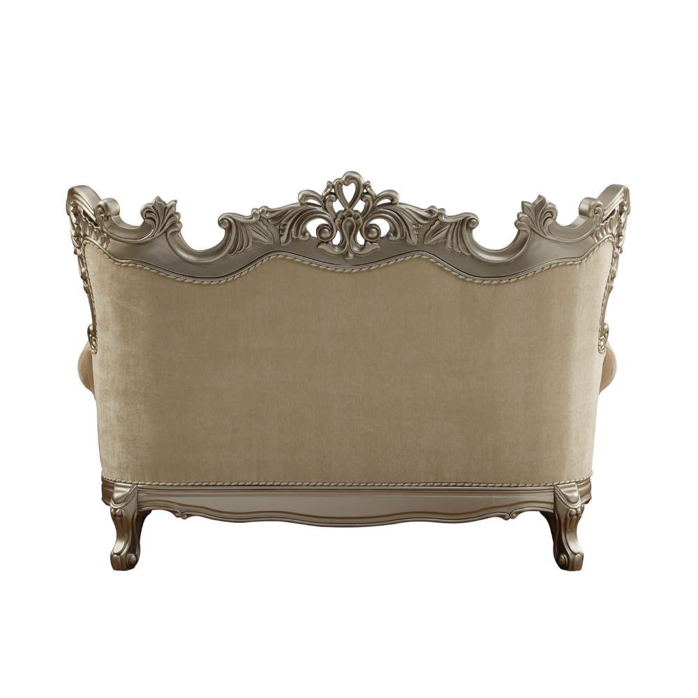 KD Back, w/6 Pillows â€¢ Oversized Scrolled Carving Trim with Nailhead Trim: Detailed Accents Inside/Outside Backrest: Champagne Finish, Poplar Wood (Front Armrest, Leg & Base) â€¢ Backrest Style: Wingback â€¢ Tight Back & Loose Seat Cushion (1+1) â€¢ Sea