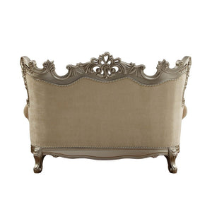  w/6 Pillows â€¢ Oversized Scrolled Carving Trim with Nailhead Trim: Detailed Accents Inside/Outside Backrest: Champagne Finish