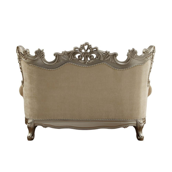  w/6 Pillows â€¢ Oversized Scrolled Carving Trim with Nailhead Trim: Detailed Accents Inside/Outside Backrest: Champagne Finish