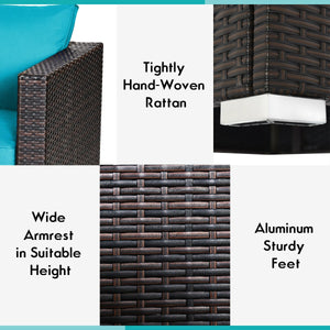 Power coated and solid steel frame adds sturdiness and durability<br>Tight and hand-woven rattan to withstand change of weather<br>2 of the corner sofas can be used separately<br>Aluminum foot pads protect bottom rattan from scratching<br>Wide armrest for